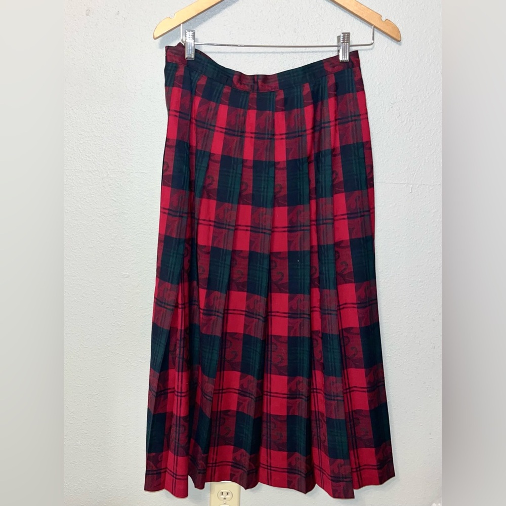PENDLETON | Print Gingham Check Wool Midi Pleated Skirt